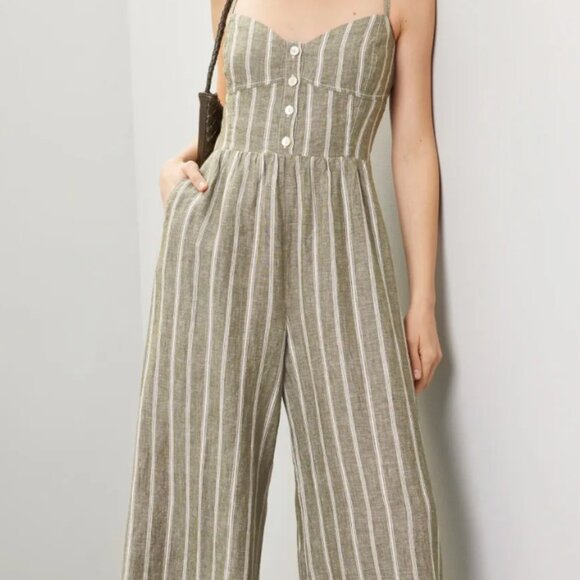 Madewell Linen Romper/jumpsuit - gray/green and cream striped - Picture 1 of 6